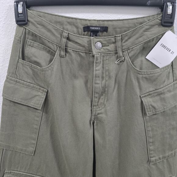 Forever 21 Womens Olive Cargo Pants Y2k Wide Leg Utility Multi Pocket Cotton S - Picture 2 of 13